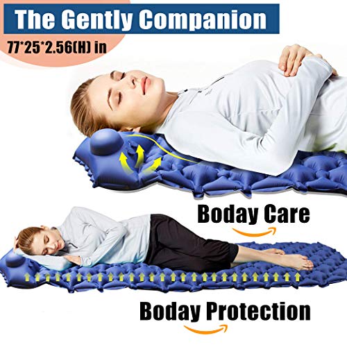 Flysight Camping Sleeping Pad for Backpacking Advanced Hand Press Compact Air Sleeping Pad with Pillow for Camping Ultralight Self Inflatable Sleeping Mat Mattress 1.18" Larger for Hiking (Dark Blue)