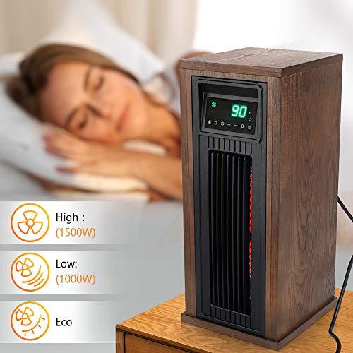 LIFE SMART Electric Infrared Quartz Oscillating Tower Heater with Adjustable Thermostat and Timer, Wood Appearance Decorative Heater with Tip-Over and Overheat Protection 1500W/1000W
