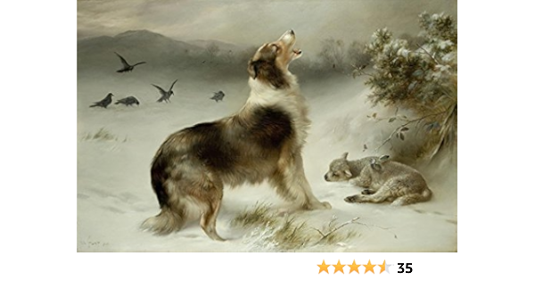 collie and lamb in snow painting