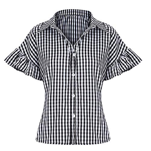 Toponly Plaid T-Shirt For Womens Casual Short Sleeves Button Pullover Tops Tee Summer Fashion