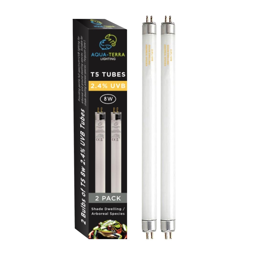 Aqua-Terra Lighting 2.4% UVB T5 Tube 8 Watt Lamp. for Shade Dwelling/Arboreal Species in Ferguson Zones 1-2. 8w Bulb Provides Full Spectrum+UVB Lighting - Replace Every 12 Months - Pack of 2 Bulbs.