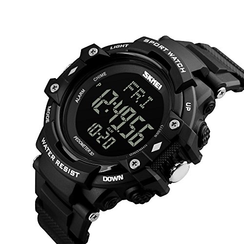 Bounabay Men's Sports Pedometer Watch with Heart Rate Monitor LED Digital Watch 50M Waterproof, Black