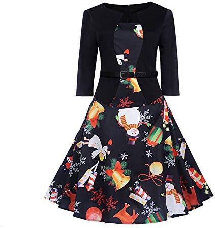 Womens Christmas Dresses LILICAT Ladies 3/4 Sleeve Santa Novelty Stocking Xmas Swing Plus Size Ladies Vintage Christmas Evening Party Swing Dress