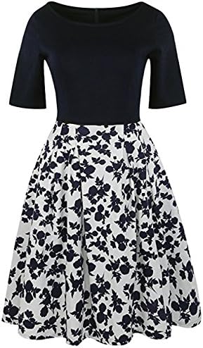Kingdilor Women's Vintage Patchwork Puffy Swing Casual Party Dress With Pockets (L, Black+White)