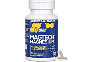 NATURAL STACKS Magnesium Magtein L-Threonate, Glycinate & Taurate – 200mg Chelated Magnesium Complex – MagTech Magnesium Supplement for Relaxation & Brain Health – 90 Capsules