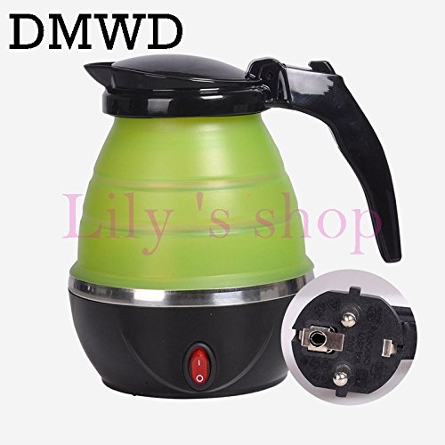 DMWD Travel foldable water heating pot silicone stainless steel mini electric kettle Camping Boiler anti-dry cup (Green 220V)