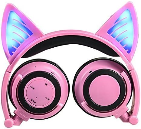 Headphones with Bluetooth &amp;Microphone Wireless/Wired Over Ear Cat Ear Headphones Flashing Glowing Headphones Foldable with LED Flash light for iPhone 7/6S/iPad,Android,Mp3,Mp4 player,Gifts for kids.