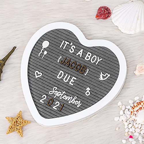 G GAMIT Heart-Shaped Felt Letter Board Message Sign - 10x10 inches Message Board with 465 Changeable White&Golden Letters,Numbers,Cursive Words and Stand for Party,Baby Announcement,Wedding,Pregnancy,Wall&Tabletop Decor (Gray)