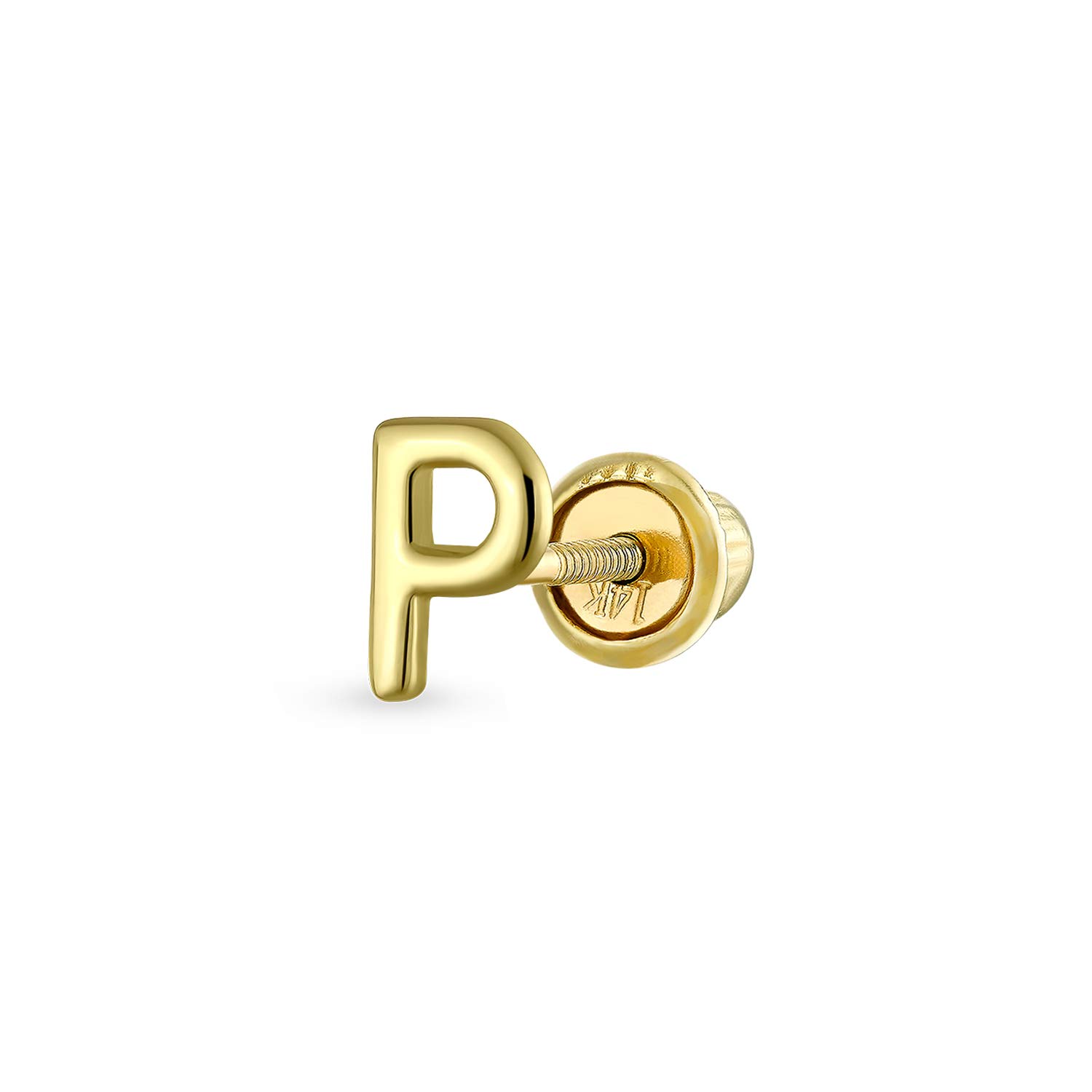 ABC Minimalist Real Yellow 14K Gold Capital Block Alphabet Letter Initial P Cartilage Ear Lobe Piercing 1 Piece Stud Earring Screw Back For Teen Women Men