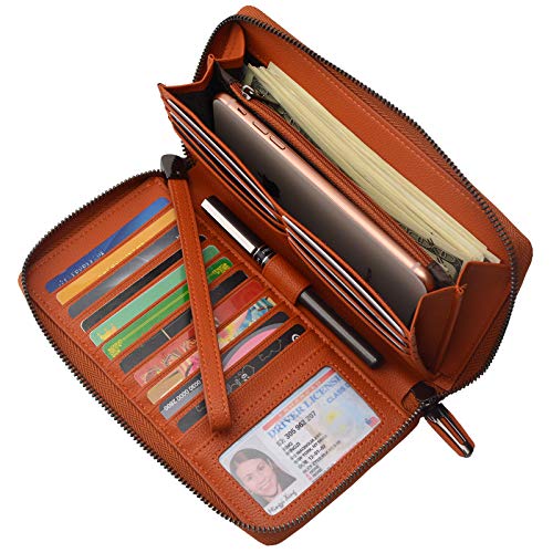 Women RFID Blocking Wallet Leather Zip Around Phone Clutch Large Travel Purse Wristlet (Orange Red) - Thumbnail 7