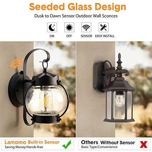Dusk to Dawn Sensor Wall Lantern Outdoor Light Fixture Black Sconce Porch Light with E26 Base Socket, Anti-Rust Seeded Glass Waterproof Matte Black Wall Lamp for Garden, Garage
