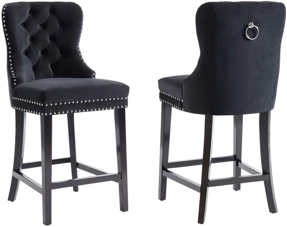 Worldwide Homefurnishings Velvet Tufted Counter Stool in Black - Set of 2