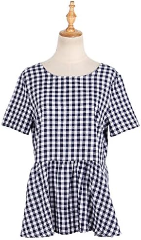 Focal20 Women Checkered Blouse Cute Back Bow Tie Top Short Sleeve Peplum Shirt Casual Tops Gift Lolita