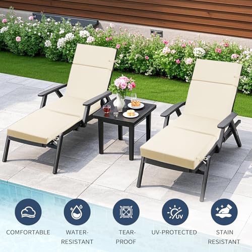 VOGVOG 2 Pack Outdoor Chaise Lounge Cushions 72"x21"x3", 4-Section Folding Patio Chair Pads with Ties, Waterproof Fade Resistant Replacement Cushion for Pool Deck Patio (Beige, 2 Pcs)