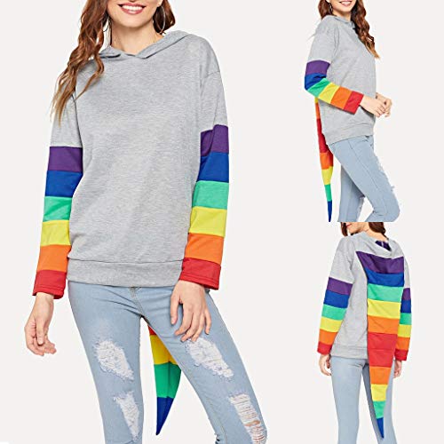 Alangbudu Women Novelty Super Long Tail Rainbow Stripes Hoodie Long Sleeve Pullover Loose Blouse Shirt Tops Sweatshirt