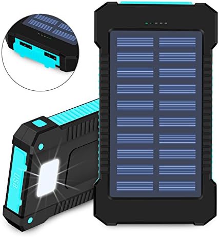 Solar Charger, 10000mAh Solar Power Bank, Dual USB Port Waterproof Dust-Proof and Shock-Resistant Portable Phone Charger with Led Light for Camping Hiking and Other Outdoor Activities (Blue)