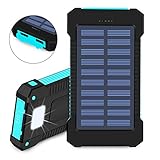 Foreverrise 10000mAh Solar Charger Dual USB Battery Pack Portable Phone Solar Power Bank Waterproof Battery Charger with LED Light and Carabiner with Compass Pack for Most USB Devices(Blue)