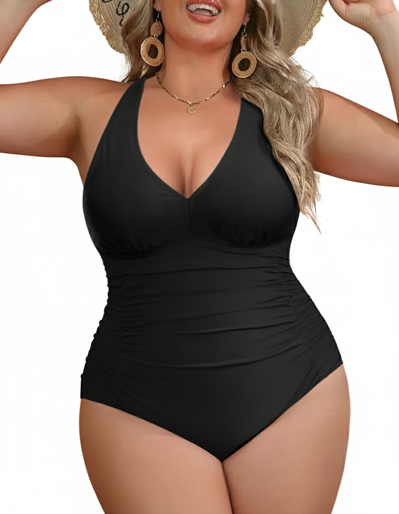Photo 1 of Aqua Eve Women Plus Size One Piece Swimsuits V Neck Tummy Control Bathing Suits Retro Ruched Swimwear Black 12 Plus