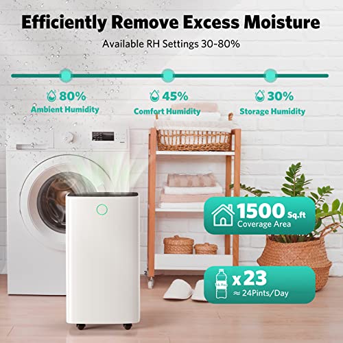 FREE VILLAGE Dehumidifier, 24 Pints Dehumidifier for Home Space Up to 1500 Sq. Ft, with Drain Hose, Auto Drainage, 0.53Gal Water Tank, 12 Hr Timer, Washable Filter, Dehumidifier for Basement, Bathroom