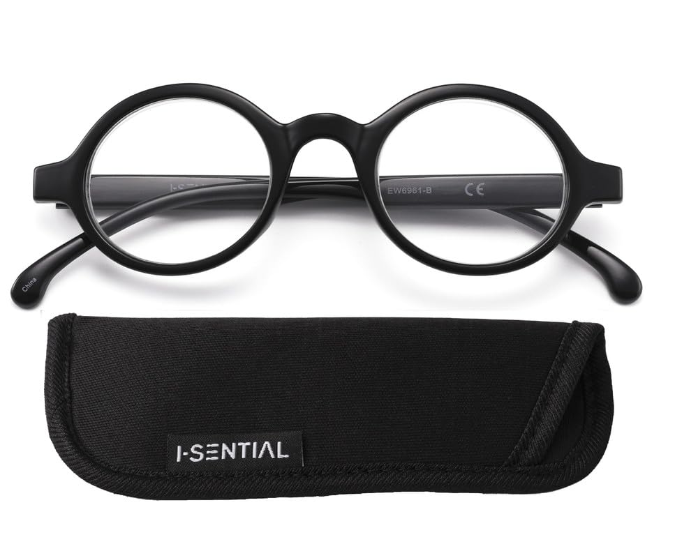 I-Sential Designer Style Round Reading Glasses Black Frame Mens Womens Unisex Retro Vintage Classic Readers & Case +1.00 — image 1