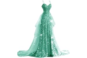 YUAOHUANG Sequin Prom Dresses for Women 2025 2 Piece Spaghetti Straps Sparkly Tulle Wedding Dresses Long Pageant Dresses