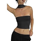 Abasona Women's Sexy Halter Tube Tank Crop Tops Strapless Slim Fitted Y2k Bandeau Top Off Shoulder Basic Cami Shirts