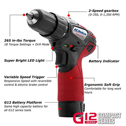 ACDelco G12 Series 3-Tool Cordless Combo 2-Speed Drill/Driver+ Impact Driver + Ratchet Wrench, 2-battery, ARW1208-K10 - Thumbnail 4