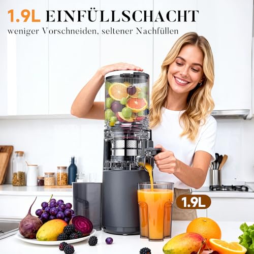 Aculya Life Slow Juicer, Large Opening of 130 mm, 1.9 L Capacity, 250 W, Forward/Reverse, High Yield, Easy to Clean with Brush, Matte Black