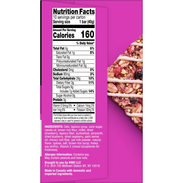 KIND HEALTHY GRAINS ENERGY BARS, MIXED BERRY, GLUTEN FREE, HEALTHY SNACKS, 19G WHOLE GRAINS, 5 COUNT