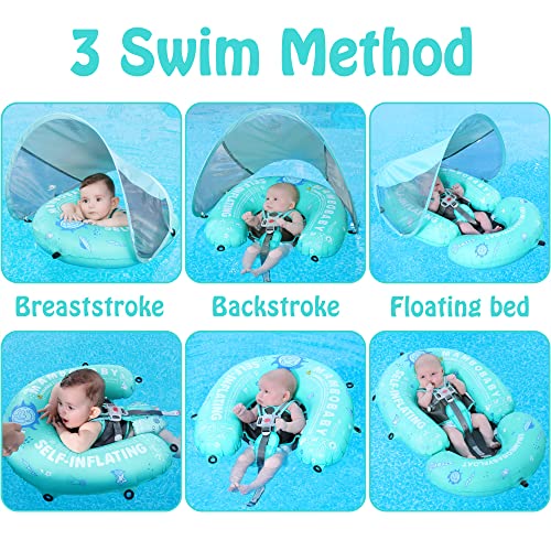 Mambobaby Baby Float Self-Inflating Baby Pool Float, AnjeeIOT Compressible Pool Swim Float Infant Soft Solid Swimming Trainer, Baby Float with Removable UPF 50+ UV Sun Protection Canopy