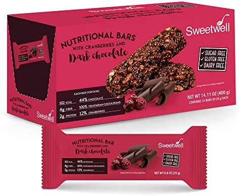 Sweetwell - Healthy Grains and Chocolate Bars - Superior Taste - Sugar Free - Gluten Free - Dairy Free - Dark Chocolate and Cranberries - With Amaranth - 0.8 oz - Pack of 16