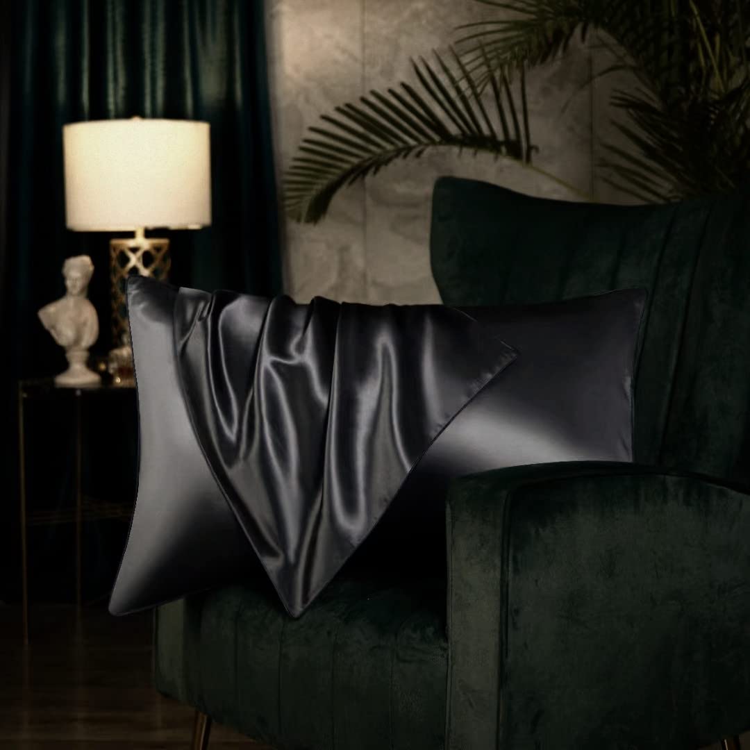 100% Pure Mulberry 19 Momme Silk Pillowcase with Hidden Zipper, Double-Sided, Hair and Skin Care (Black, Standard 50x75cm)