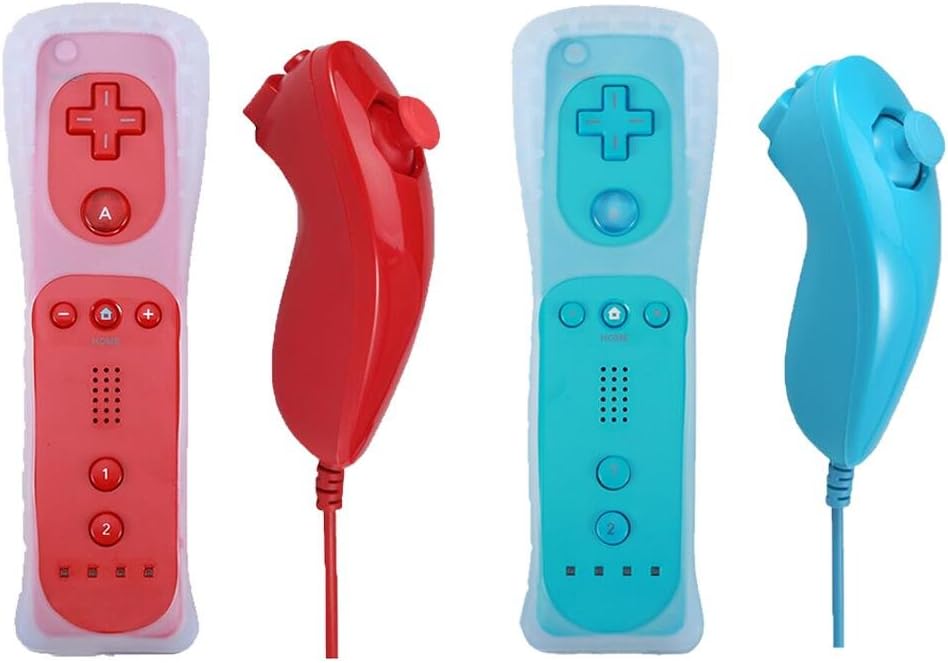Poulep 2 Packs Gesture Controller and Nunchuck Joystick with Silicone Case for Nintendo Wii Wii U Gamepad Console (Red and Blue)