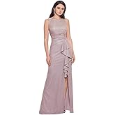 Betsy & Adam Women's Long Sleeveless Boat Neck Ruffle Side Slit Scuba Crepe Gown