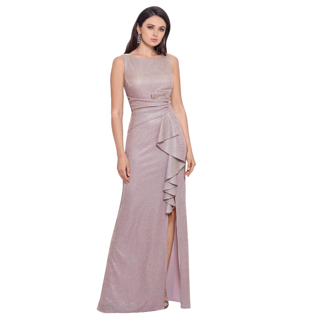 Betsy & Adam Women’s Long Glitter Sleeveless Gown with Ruffle Detail and Hidden Back Zipper, White/Pink/Gold, 16