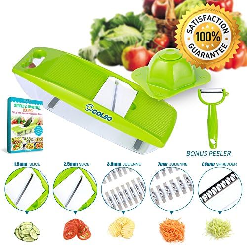 Mandoline Slicer, OCOLEO Julienne Vegetable Slicer - Potato Slicer - Cutter for Cucumber, Onion, Cheese with 5 Stainless Steel Blades with eBook, Peeler and Food Container - Mandolin