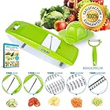 Mandoline Slicer, OCOLEO Julienne Vegetable Slicer - Potato Slicer - Cutter for Cucumber, Onion, Cheese with 5 Stainless Steel Blades with eBook, Peeler and Food Container - Mandolin