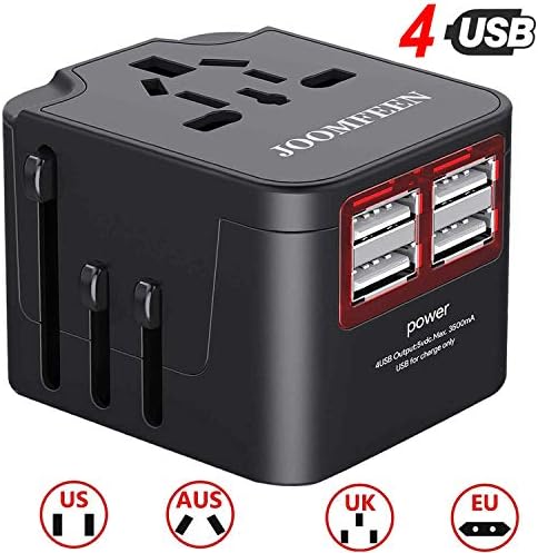 Universal Travel Adapter, JOOMFEEN All in One Worldwide Travel Charger AC Power Plug, International Wall Charger US EU AU UK with 4 USB Charging Ports, for Cellphone Pad Laptop (Black)