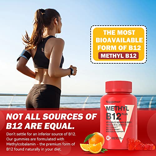 B12 Vitamins Gummies with Vitamin D - 90 Count | Vitamin D 5000 IU & Methyl Vitamin B12 1000 mcg Supplement for Energy and Immune Support - Vegan Friendly, Gluten Free - Orange Flavor (Orange)