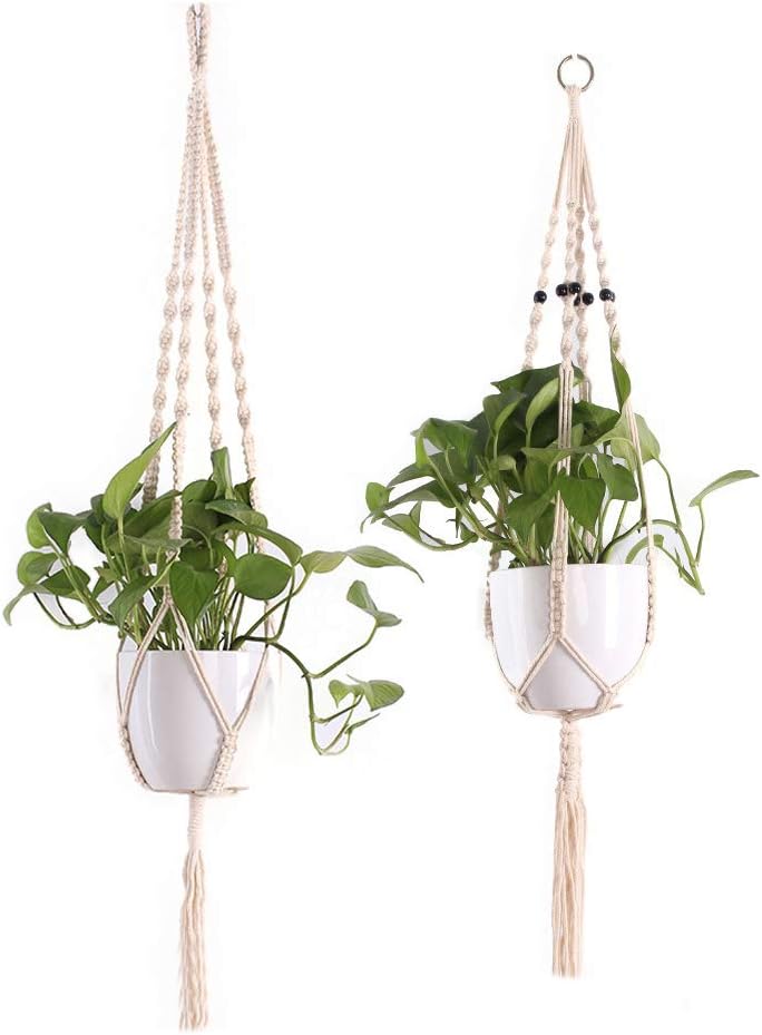 BONTHEE 2er Makramee Blumenampel Baumwollseil Hängeampel Blumentopf Pflanzen Halter Aufhänger für Innen Außen Decken Balkone Wanddekoration