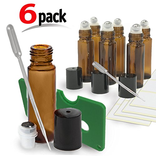 6 Pack Kit , Amber Brown Roller Bottles Set, 10 ml, Roll On Stainless Steel Ball, Includes qty 6- 1ml Droppers, Opener, and Labels. Set for Essential Oils, Perfume, Refillable (6 Pack UV Amber)