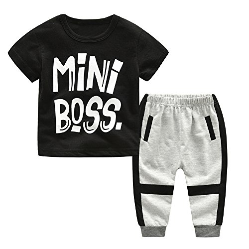 2Piece Toddler Kids Baby Boy Outfits Set,Short Sleeve Letter Mini Boss Print Front T-Shirt Stripe Trousers Pant Clothes Suit Black - Thumbnail 7