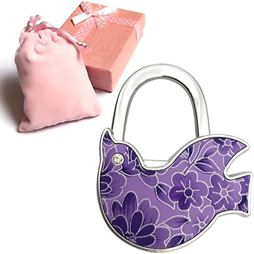 Elesa Miracle Purse Hook8 Choices Foldable Handbag Hanger, Folding Table Hanger, with Velvet Pouch in Gift Box (Purple Birds)
