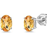 Gem Stone King 14K White Gold Yellow Citrine Double Notch Stud Earrings For Women Men | 1.45 Cttw | Gemstone November Birthstone | Oval Checkerboard 7X5MM | Gold Earrings For Women Men