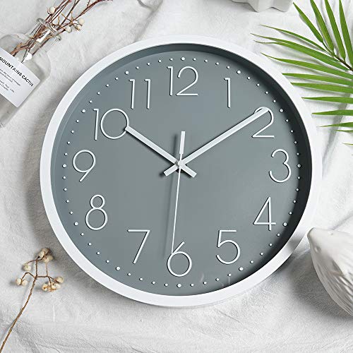 JUSTUP 12in Non-Ticking Wall Clock, Silent Battery Operated Wall Clock with ABS Frame HD Glass Cover for Kids Living Room Bedroom Kitchen School Office Decor (Gray) - Thumbnail 2
