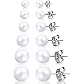 6 Pairs Pearl Earrings Studs, Stainless Steel Studs 3-8mm Pearl Stud for Women Adult Birthday Valentine's Day Women's Jewelry Gifts