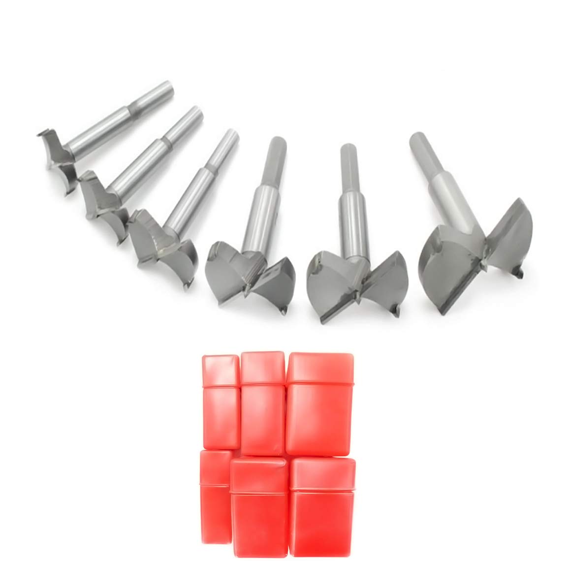 Meichoon Wood Drill Bits 30-60mm 6PCS Forstner Drill Bits Set, Flat Wing Drilling Hole Hinge Cemented Carbide Carbon High Speed Steel Woodworking Drill Punching Bit with Round Shank DC02A