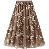 CosSky Womens Foral Tulle Skirt Elastic High Wasit Embroidery Floral Mesh Tutu A-Line Midi Skirts