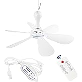 SCOOYEEES Silent USB Powered Ceiling Fan with Remote Control Timing 4 Speed, Quiet Small DC Plug in Ceiling Fan Hanging Fan for Camping Bed RV Tent Canopy Room