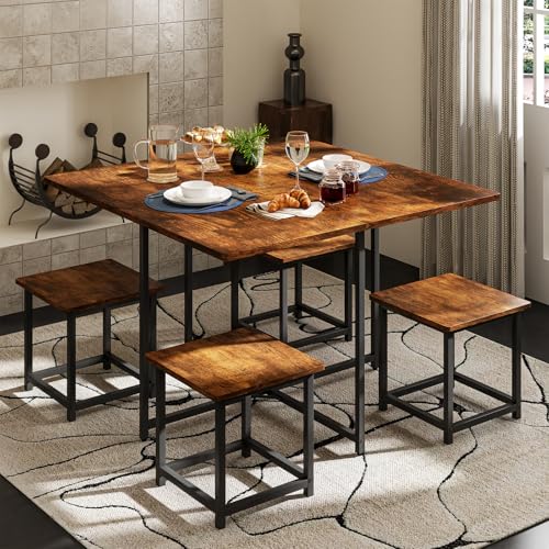 Comedor 4 Personas Mesa 80x80 cm con 4 Taburetes Negro Vintage | Juego de comedor compacto para 4 personas, ideal para departamentos, cocinas pequeñas y espacios modernos.